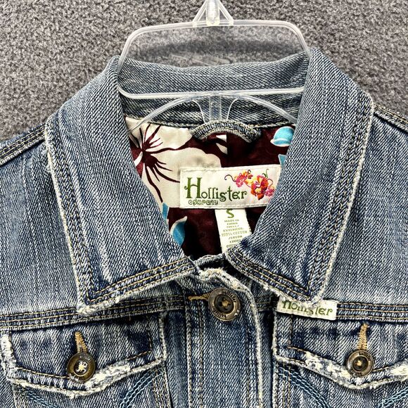 HOLLISTER CO Denim Jacket Girls Juniors Small distressed Tropical lined - Picture 3 of 15